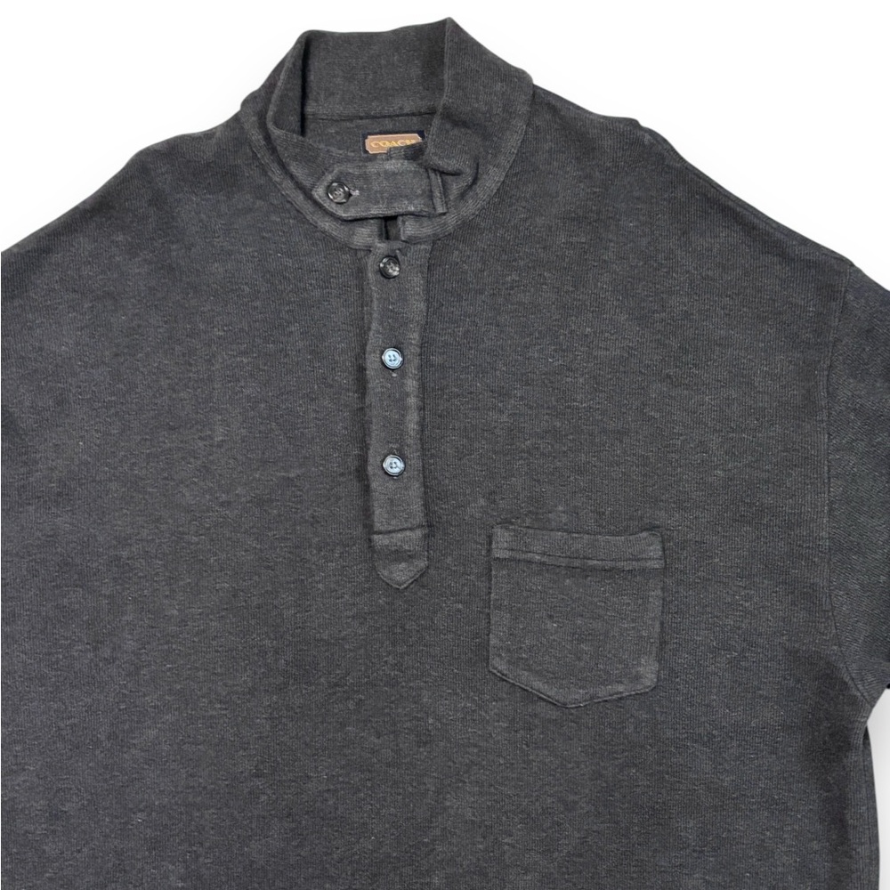 COACH Heavy Grey Ribbed Cotton Mock Neck Henley Pullover Sweater - Picture 3 of 9
